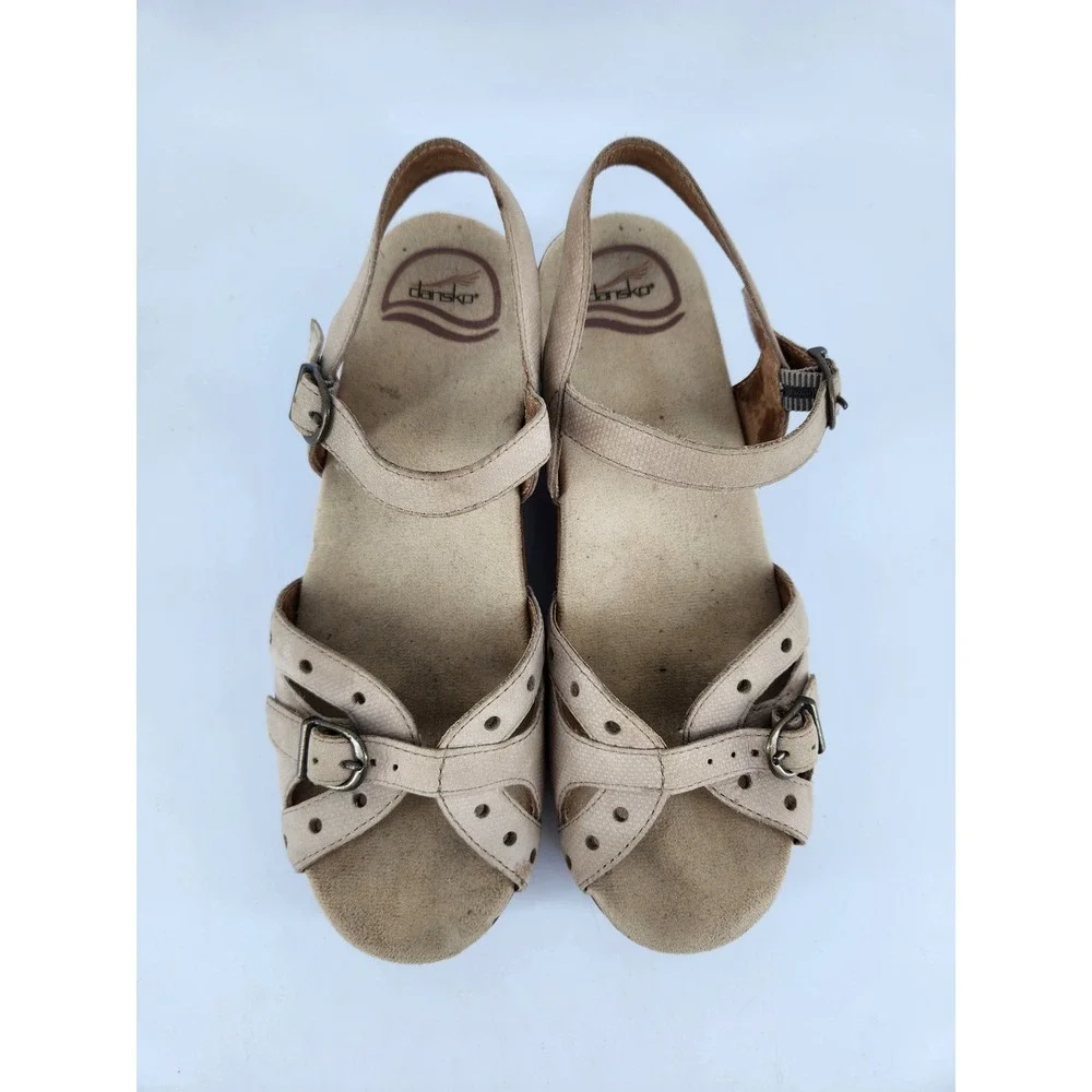 Dansko‎ Sissy Wedge Heel Sandals Womens 38 Tan Leather Perforated Buckle